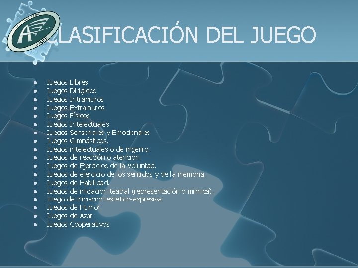 CLASIFICACIÓN DEL JUEGO l l l l l Juegos Libres Juegos Dirigidos Juegos Intramuros