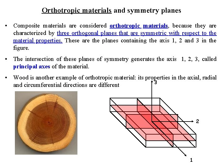 Orthotropic materials and symmetry planes • Composite materials are considered orthotropic materials, because they