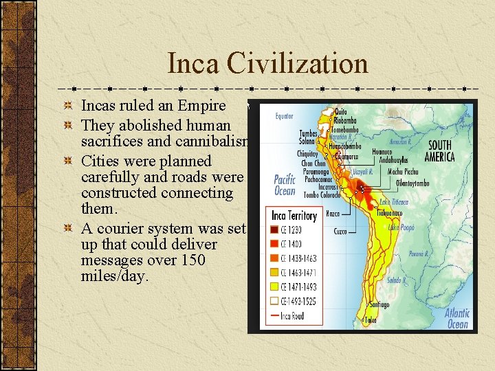 Inca Civilization Incas ruled an Empire They abolished human sacrifices and cannibalism. Cities were