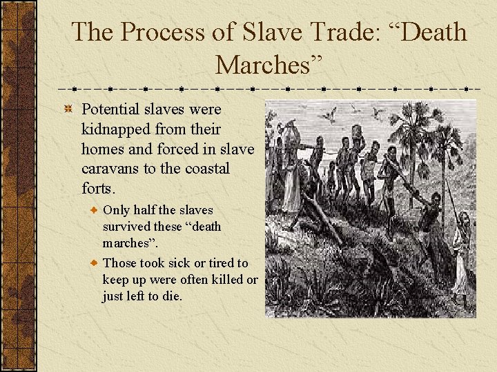 The Process of Slave Trade: “Death Marches” Potential slaves were kidnapped from their homes