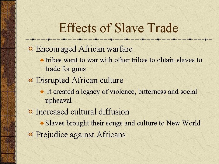 Effects of Slave Trade Encouraged African warfare tribes went to war with other tribes