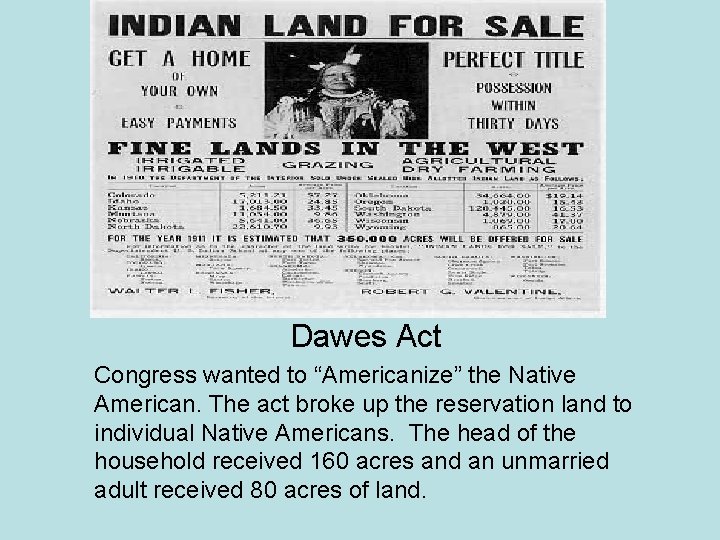 Dawes Act Congress wanted to “Americanize” the Native American. The act broke up the