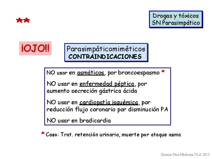 Drogas y tóxicos SN Parasimpático ** ¡OJO!! Parasimpáticomiméticos CONTRAINDICACIONES NO usar en asmáticos, por