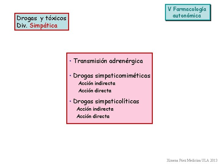 V Farmacología autonómica Drogas y tóxicos Div. Simpática • Transmisión adrenérgica • Drogas simpaticomiméticas