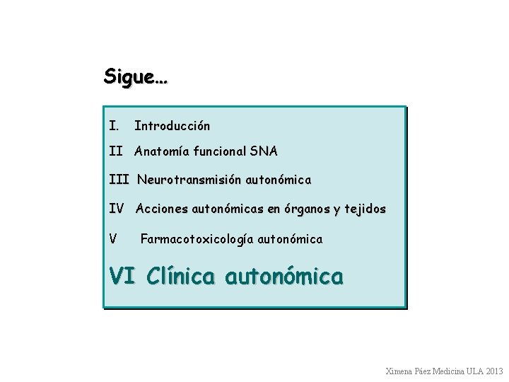 Sigue… I. Introducción II Anatomía funcional SNA III Neurotransmisión autonómica IV Acciones autonómicas en