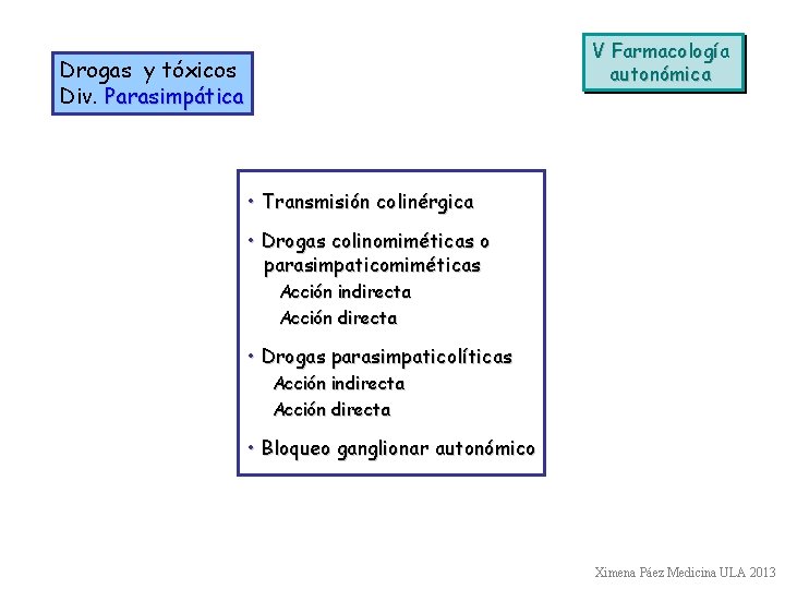 V Farmacología autonómica Drogas y tóxicos Div. Parasimpática • Transmisión colinérgica • Drogas colinomiméticas