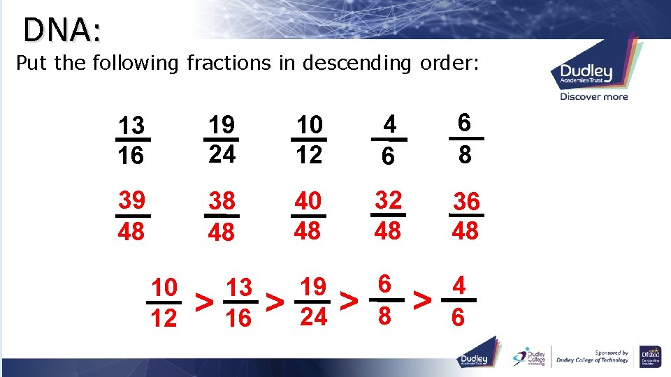 DNA: Put the following fractions in descending order: 13 16 19 24 10 12