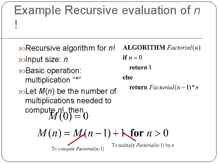 Example Recursive evaluation of n ! Recursive algorithm for n! Input size: n Basic