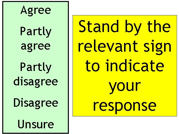 Agree Partly agree Partly disagree Disagree Unsure Stand by the relevant sign to indicate