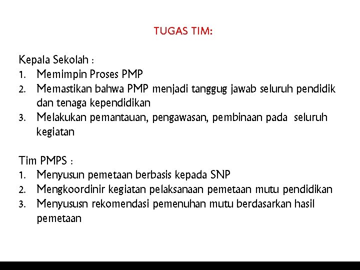 TUGAS TIM: Kepala Sekolah : 1. Memimpin Proses PMP 2. Memastikan bahwa PMP menjadi