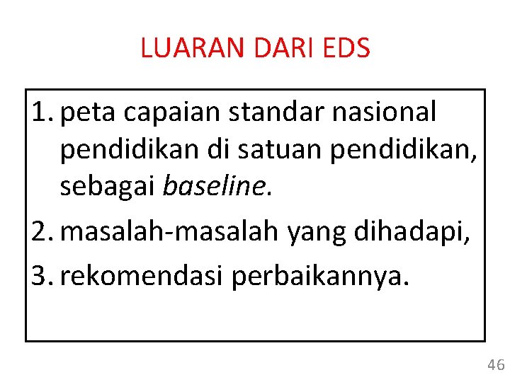 LUARAN DARI EDS 1. peta capaian standar nasional pendidikan di satuan pendidikan, sebagai baseline.