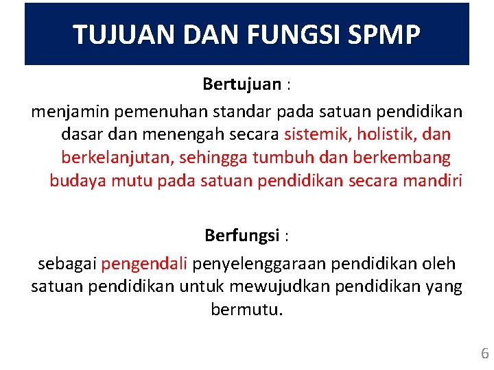 TUJUAN DAN FUNGSI SPMP Bertujuan : menjamin pemenuhan standar pada satuan pendidikan dasar dan