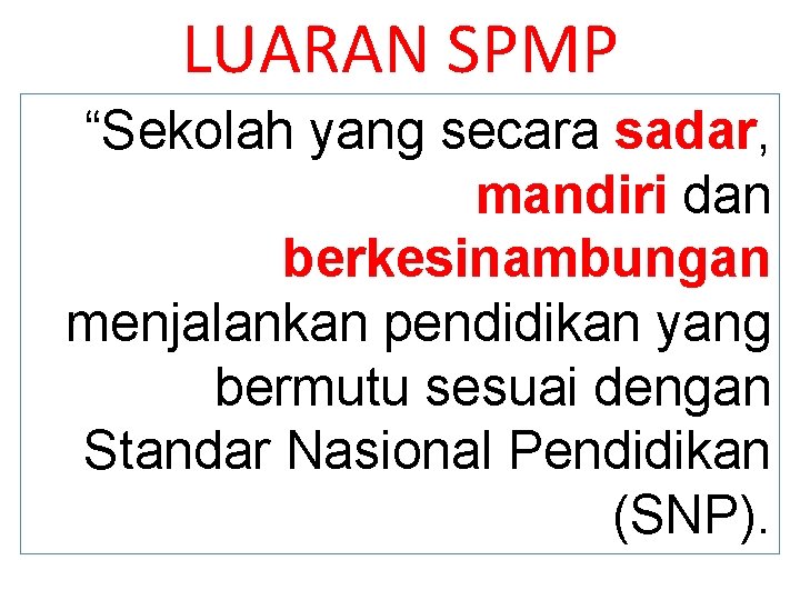 LUARAN SPMP “Sekolah yang secara sadar, mandiri dan berkesinambungan menjalankan pendidikan yang bermutu sesuai