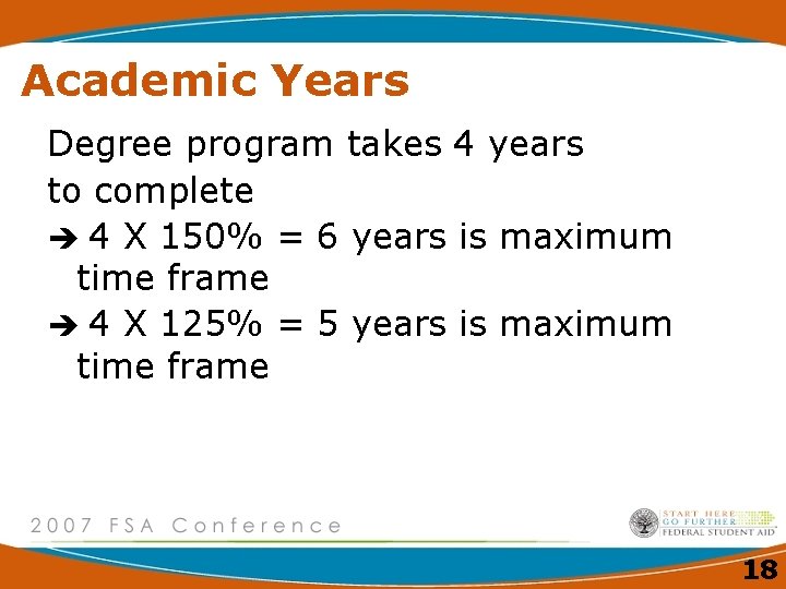 Academic Years Degree program takes 4 years to complete è 4 X 150% =