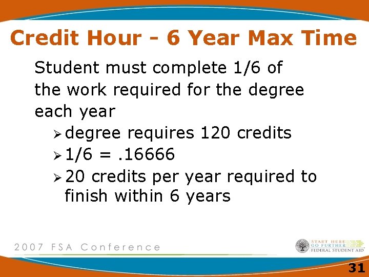 Credit Hour - 6 Year Max Time Student must complete 1/6 of the work