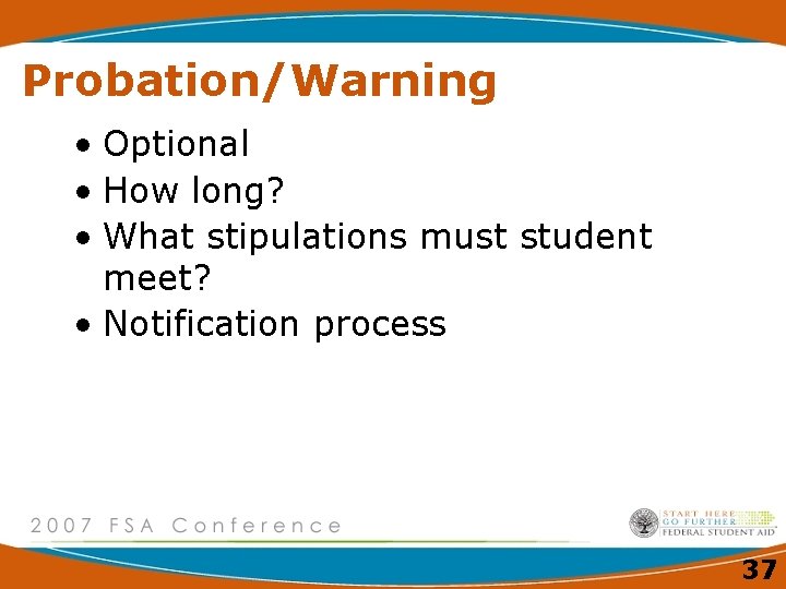 Probation/Warning • Optional • How long? • What stipulations must student meet? • Notification