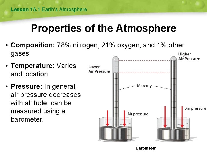 Lesson 15. 1 Earth’s Atmosphere Properties of the Atmosphere • Composition: 78% nitrogen, 21%