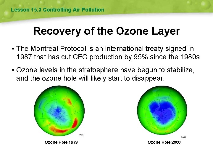 Lesson 15. 3 Controlling Air Pollution Recovery of the Ozone Layer • The Montreal