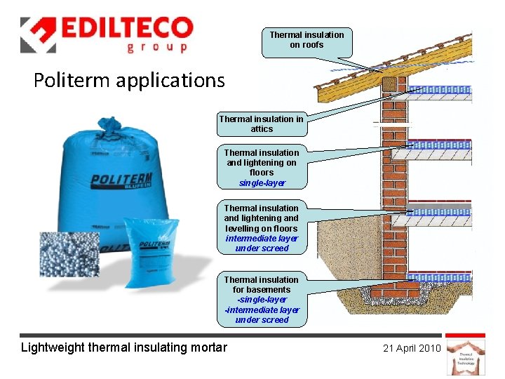Thermal insulation on roofs Politerm applications Thermal insulation in attics Thermal insulation and lightening