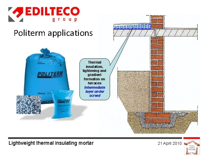 Politerm applications Thermal insulation, lightening and gradient formation on terraces Intermediate layer under screed