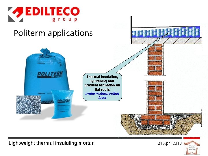 Politerm applications Thermal insulation, lightening and gradient formation on flat roofs under waterproofing layer