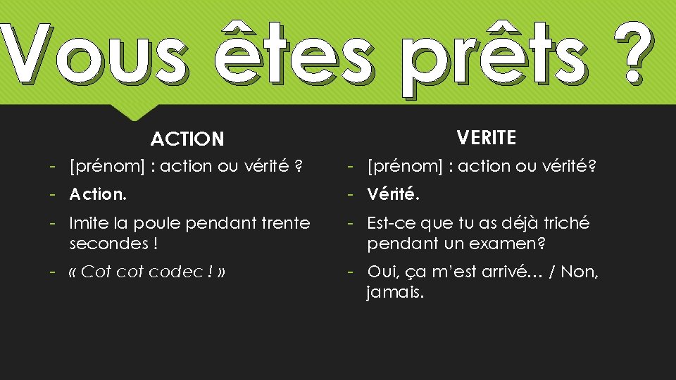 Vous êtes prêts ? Par exemple… VERITE ACTION - [prénom] : action ou vérité