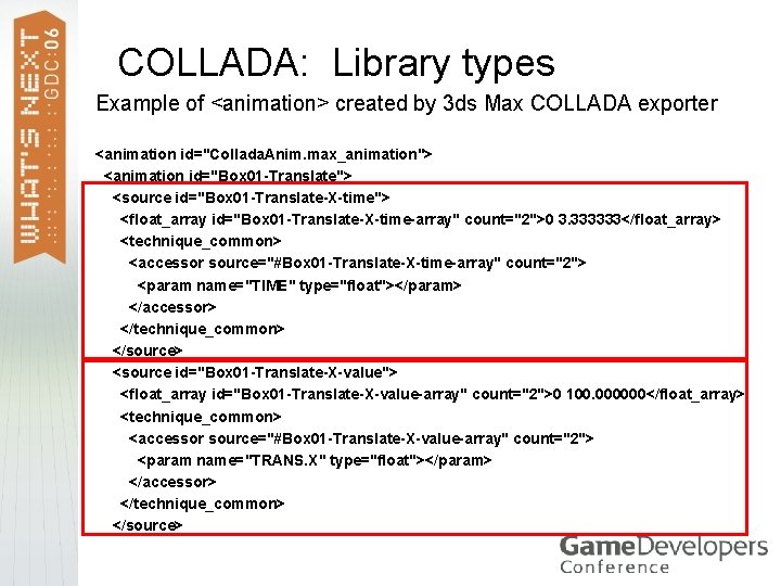COLLADA: Library types Example of <animation> created by 3 ds Max COLLADA exporter <animation