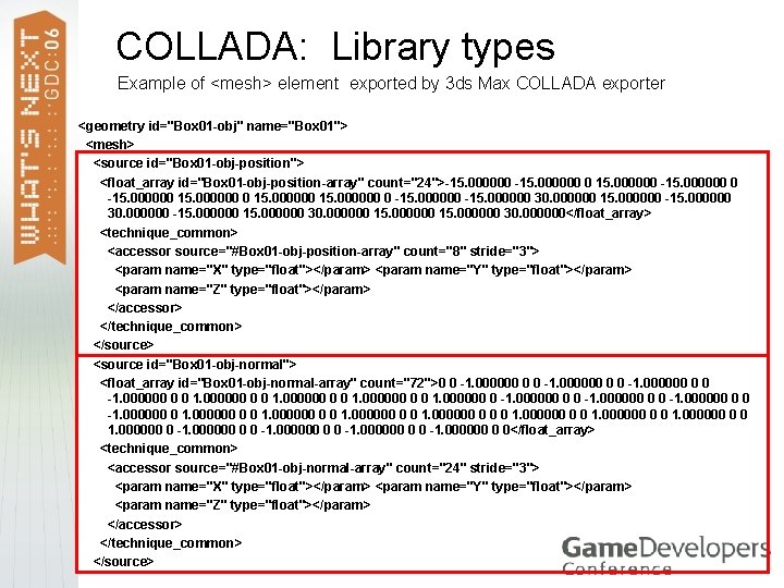 COLLADA: Library types Example of <mesh> element exported by 3 ds Max COLLADA exporter