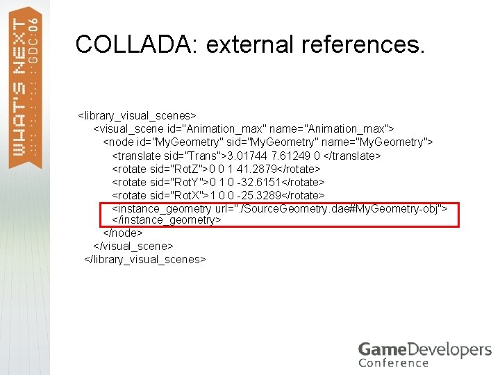 COLLADA: external references. <library_visual_scenes> <visual_scene id="Animation_max" name="Animation_max"> <node id="My. Geometry" sid="My. Geometry" name="My. Geometry">