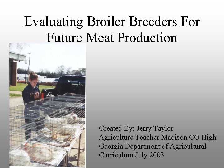 Evaluating Broiler Breeders For Future Meat Production Created By: Jerry Taylor Agriculture Teacher Madison