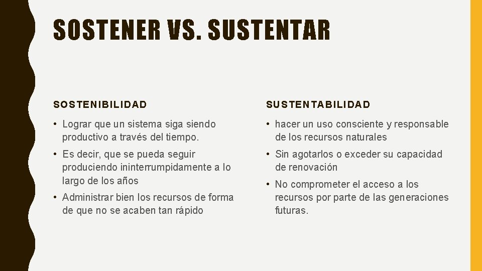 SOSTENER VS. SUSTENTAR SOSTENIBILIDAD SUSTENTABILIDAD • Lograr que un sistema siga siendo productivo a