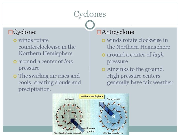 Cyclones �Cyclone: winds rotate counterclockwise in the Northern Hemisphere around a center of low