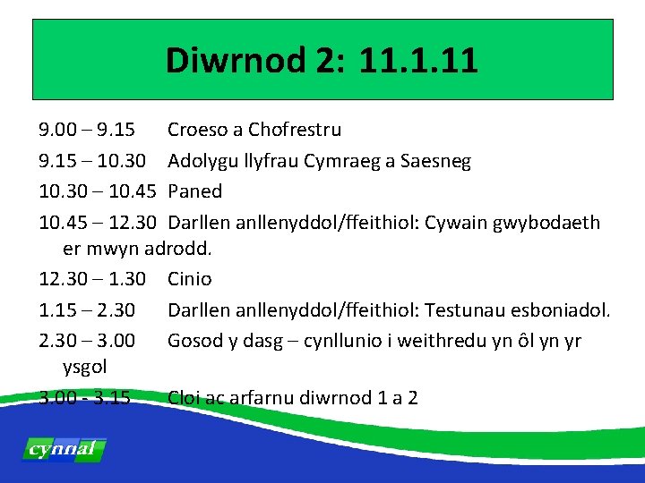 Diwrnod 2: 11. 1. 11 9. 00 – 9. 15 Croeso a Chofrestru 9.