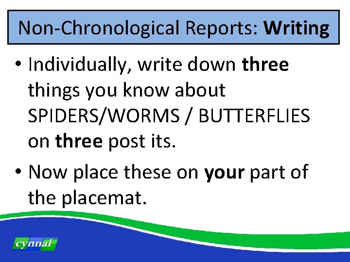 Non-Chronological Reports: Writing • Individually, write down three things you know about SPIDERS/WORMS /