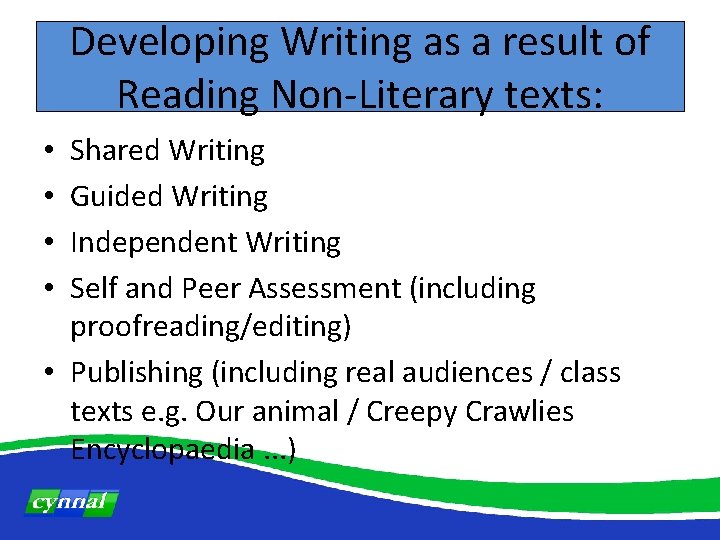 Developing Writing as a result of Reading Non-Literary texts: Shared Writing Guided Writing Independent
