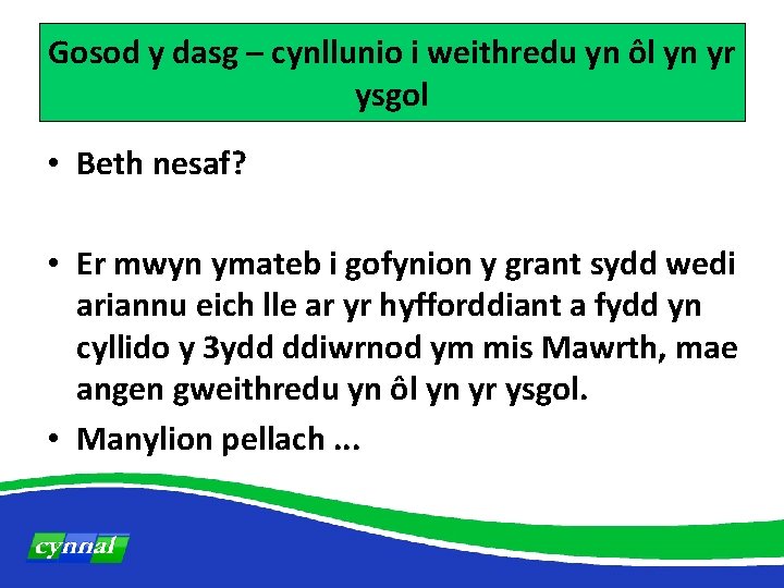 Gosod y dasg – cynllunio i weithredu yn ôl yn yr ysgol • Beth