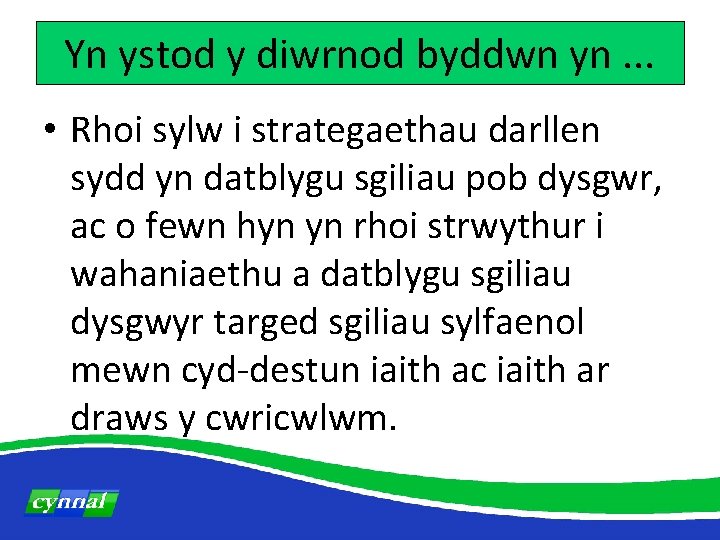 Yn ystod y diwrnod byddwn yn. . . • Rhoi sylw i strategaethau darllen