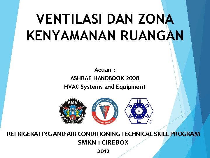 VENTILASI DAN ZONA KENYAMANAN RUANGAN Acuan : ASHRAE HANDBOOK 2008 HVAC Systems and Equipment