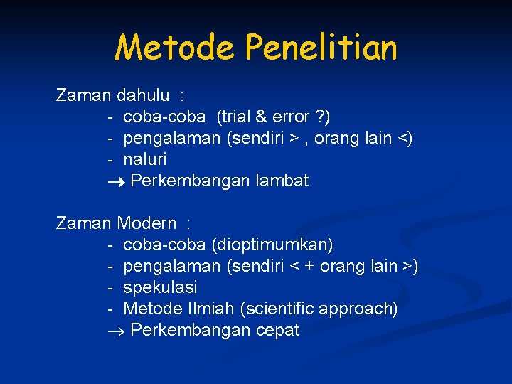 Metode Penelitian Zaman dahulu : - coba-coba (trial & error ? ) - pengalaman