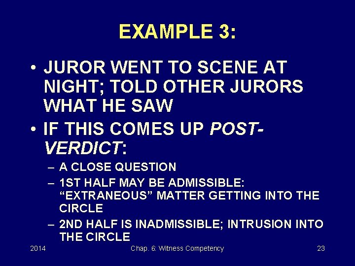 EXAMPLE 3: • JUROR WENT TO SCENE AT NIGHT; TOLD OTHER JURORS WHAT HE