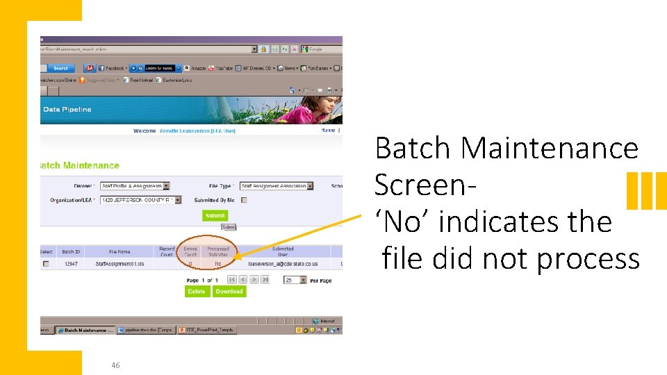 Batch Maintenance Screen‘No’ indicates the file did not process 46 