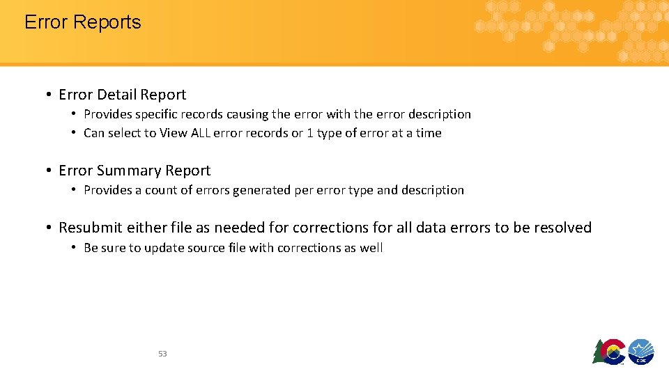 Error Reports • Error Detail Report • Provides specific records causing the error with