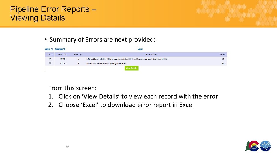 Pipeline Error Reports – Viewing Details • Summary of Errors are next provided: From