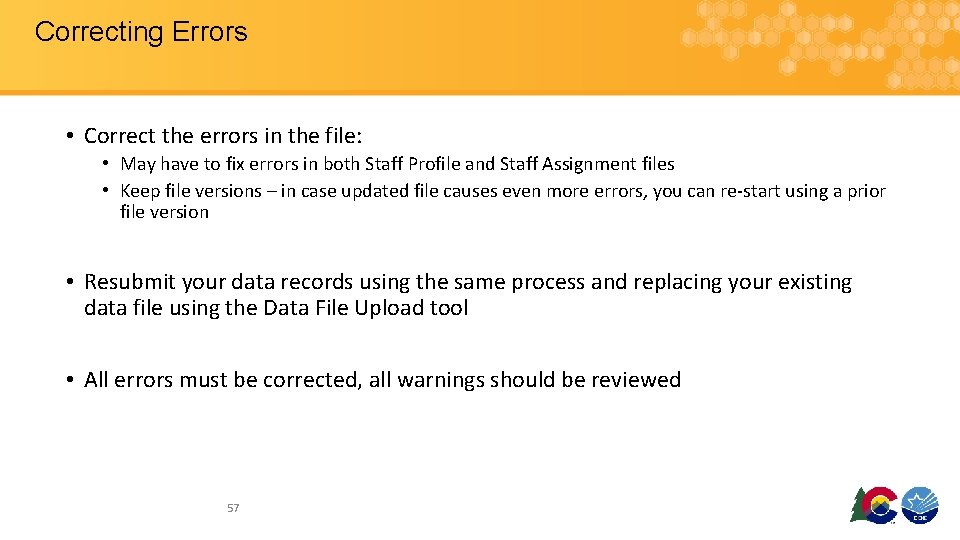 Correcting Errors • Correct the errors in the file: • May have to fix