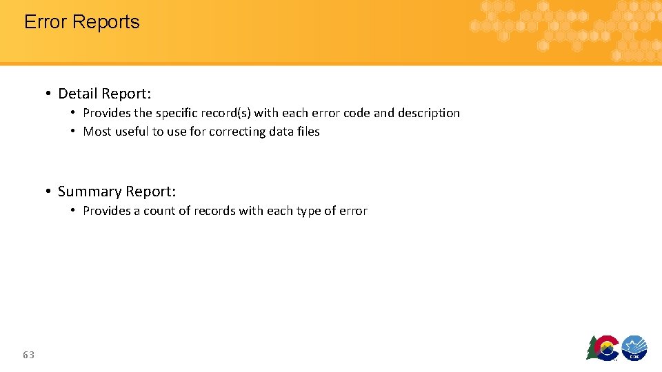 Error Reports • Detail Report: • Provides the specific record(s) with each error code