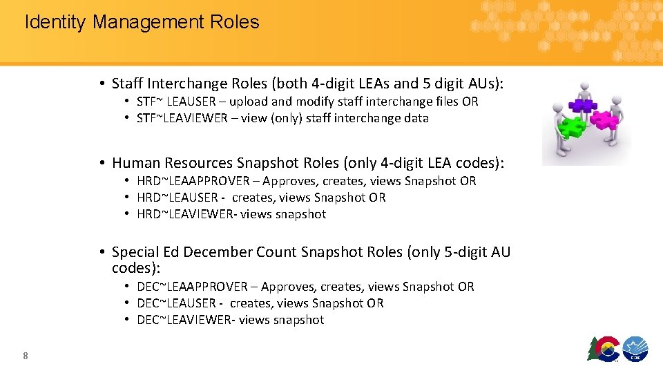 Identity Management Roles • Staff Interchange Roles (both 4 -digit LEAs and 5 digit