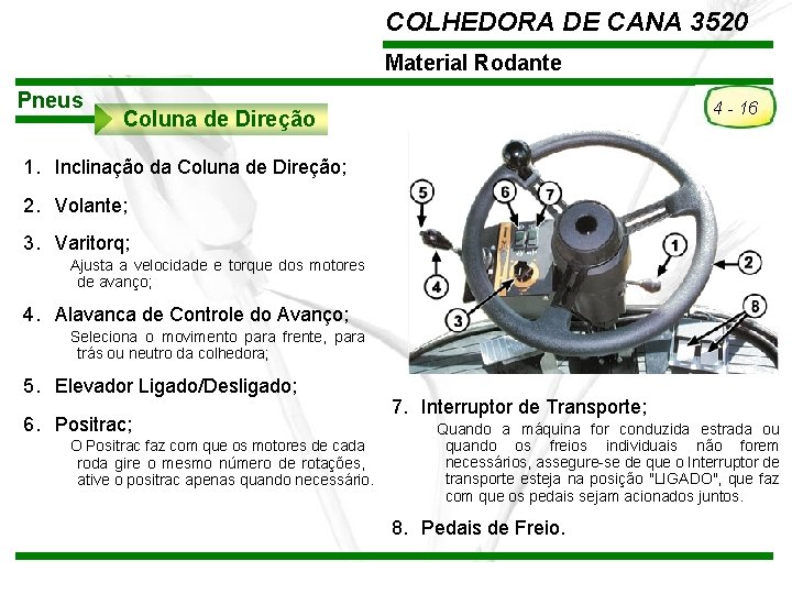 COLHEDORA DE CANA 3520 Material Rodante Pneus 4 - 16 Coluna de Direção 1.