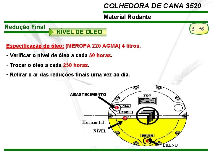 COLHEDORA DE CANA 3520 Material Rodante Redução Final 6 - 16 NÍVEL DE ÓLEO