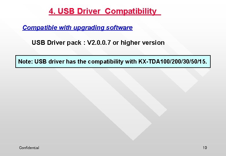 4. USB Driver Compatibility Compatible with upgrading software USB Driver pack : V 2.