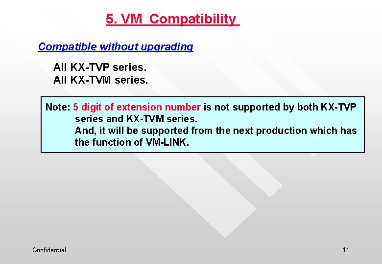 5. VM Compatibility Compatible without upgrading All KX-TVP series. All KX-TVM series. Note: 5